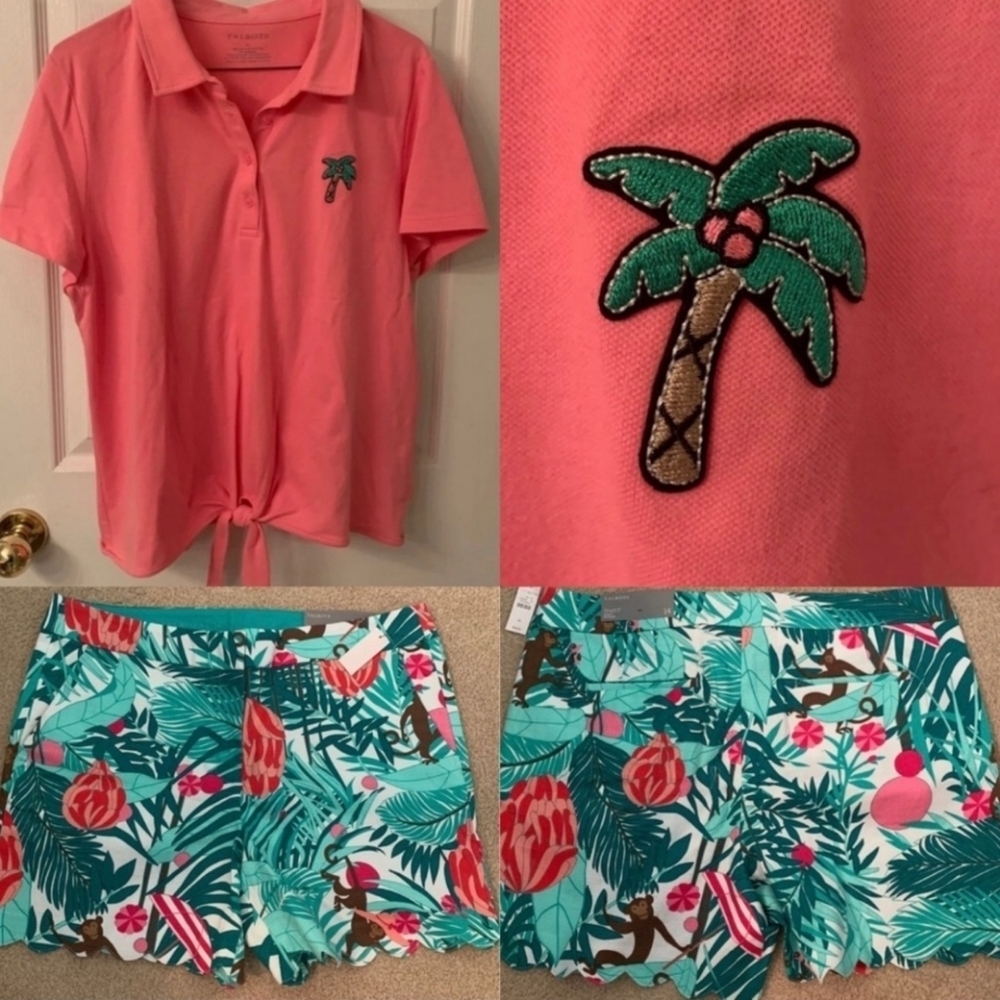 NWT Talbots Preppy 5" Inseam Scalloped Trim Monkey Print Shorts and Top